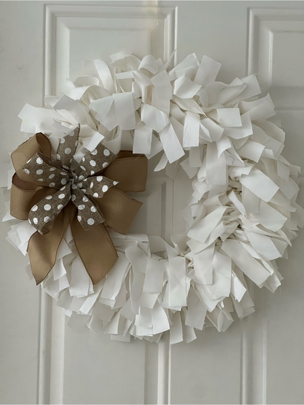 Neutral White Fabric Holiday Wreath with Tan Polka Dot Bow